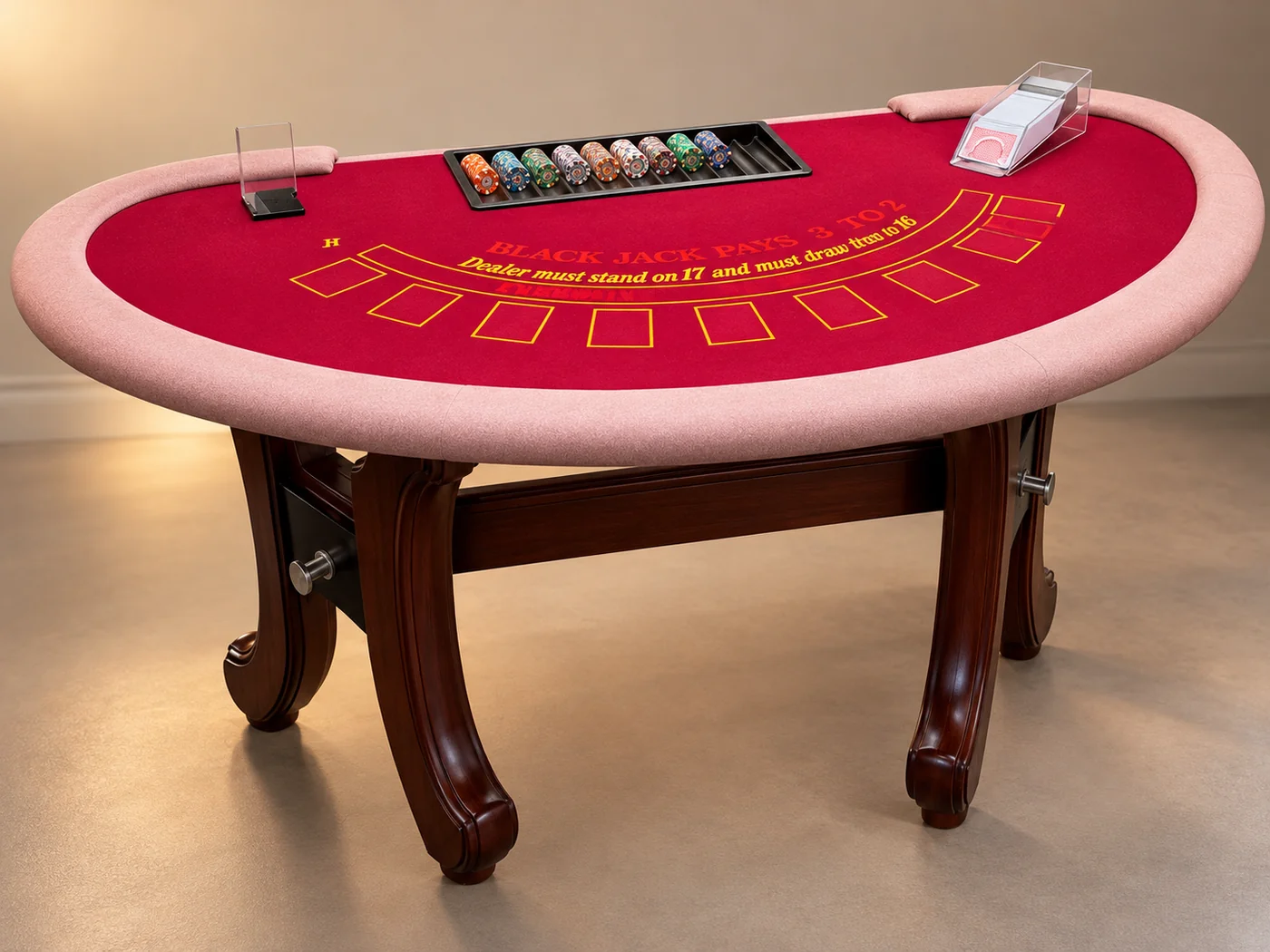 YM Prestige Blackjack table photographed from an elegant three-quarter angle