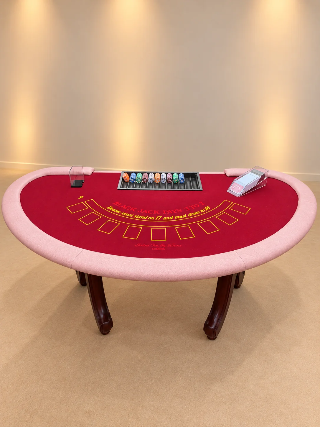 Front view of our real burgundy Blackjack table, professionally photographed