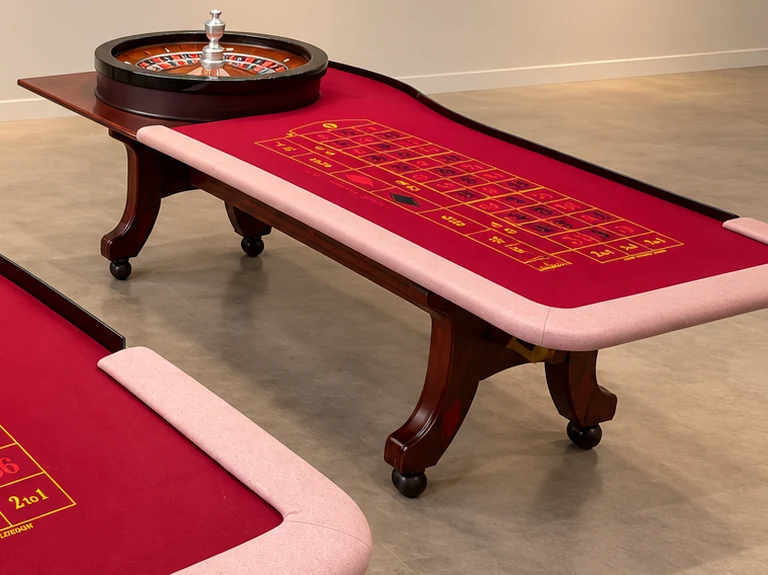 Close-up of the YM Prestige burgundy roulette table and roulette wheel
